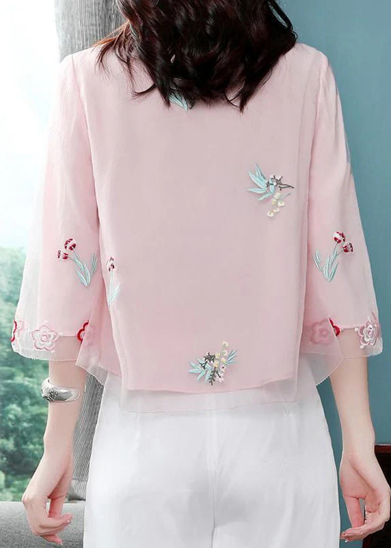 Women's Pink Standing Neck Embroidery Patchwork Chiffon Top