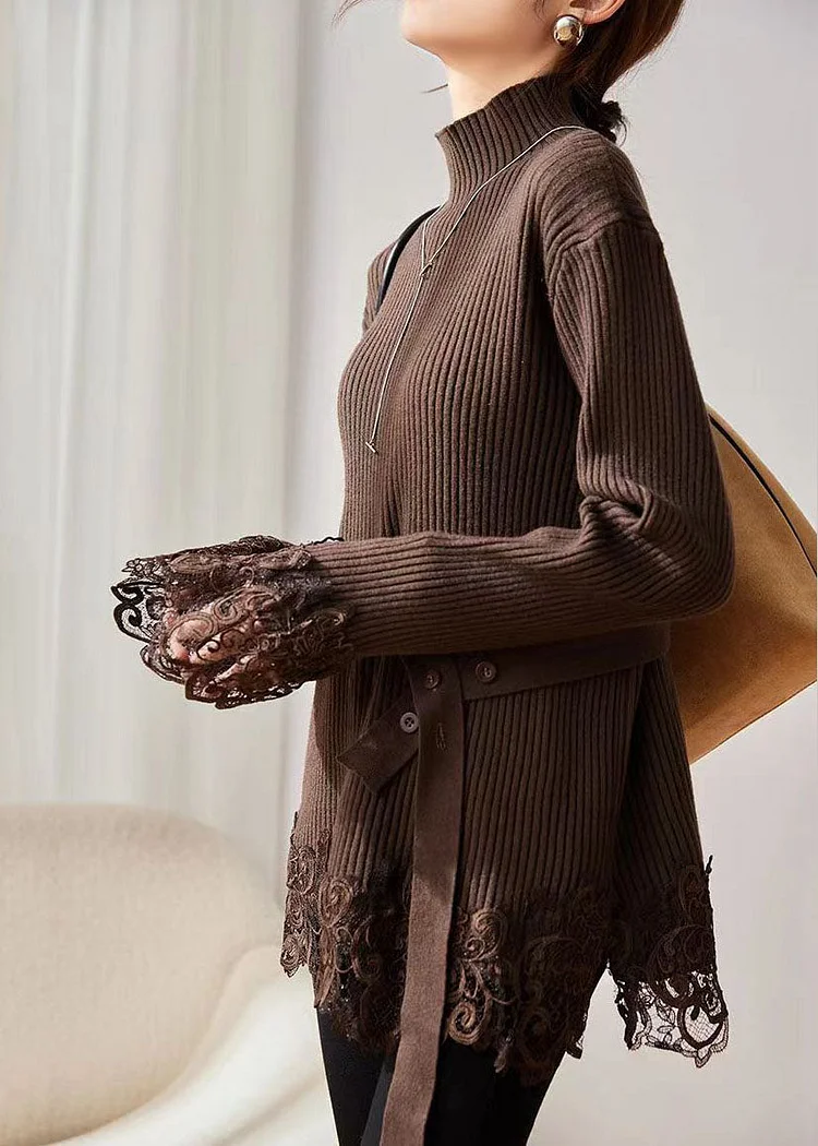 Women's Loose High Neck Lace Patchwork Cotton Knit Sweater Long Sleeve