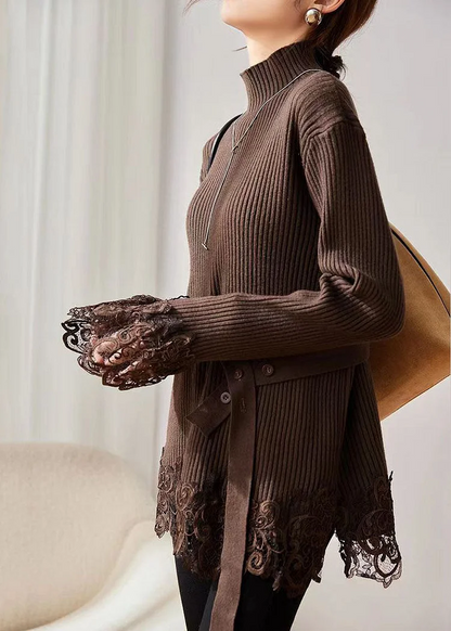 Women's Loose High Neck Lace Patchwork Cotton Knit Sweater Long Sleeve