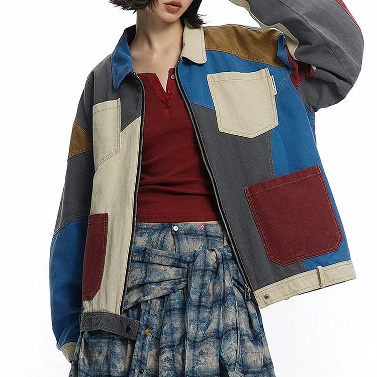 Organic cotton denim lapel blue colorblocked long sleeve zipper up denim jacket