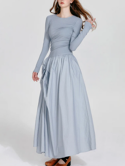 Women's Elegant Round Neck Asymmetric Pleated Long Sleeve Long Dresses