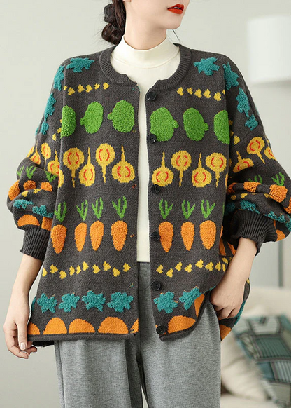 Italian Plus Size Gray O Neck Knit Loose Jacket