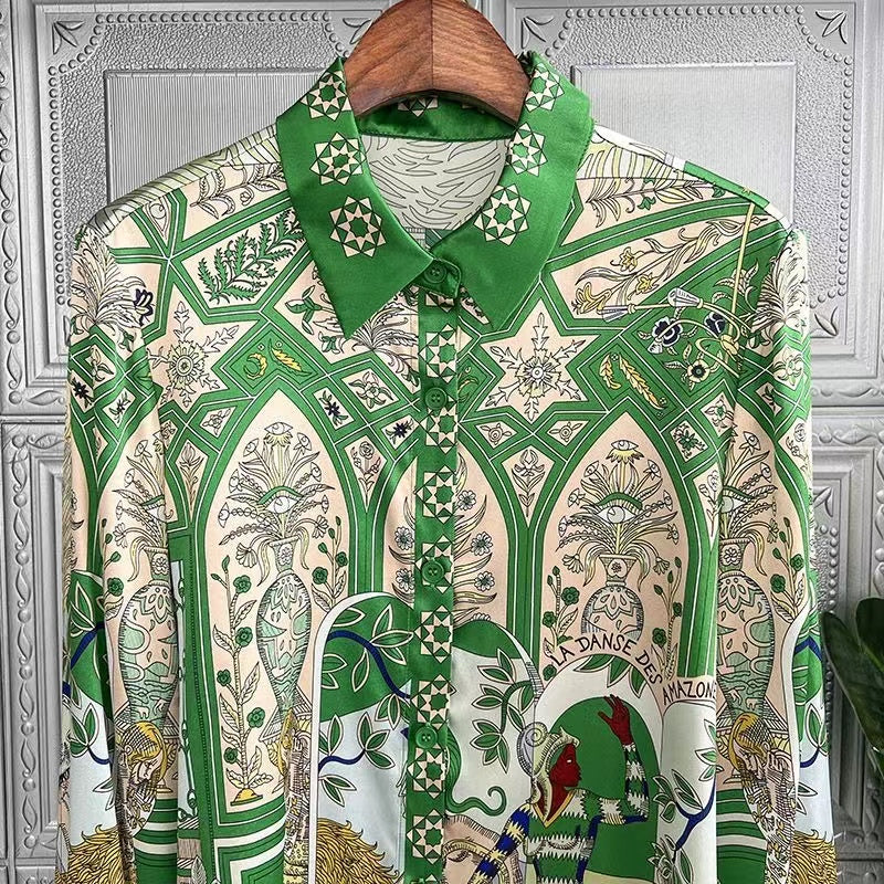 Elegant Printed Silk Lapel Long Sleeve Blouse Top