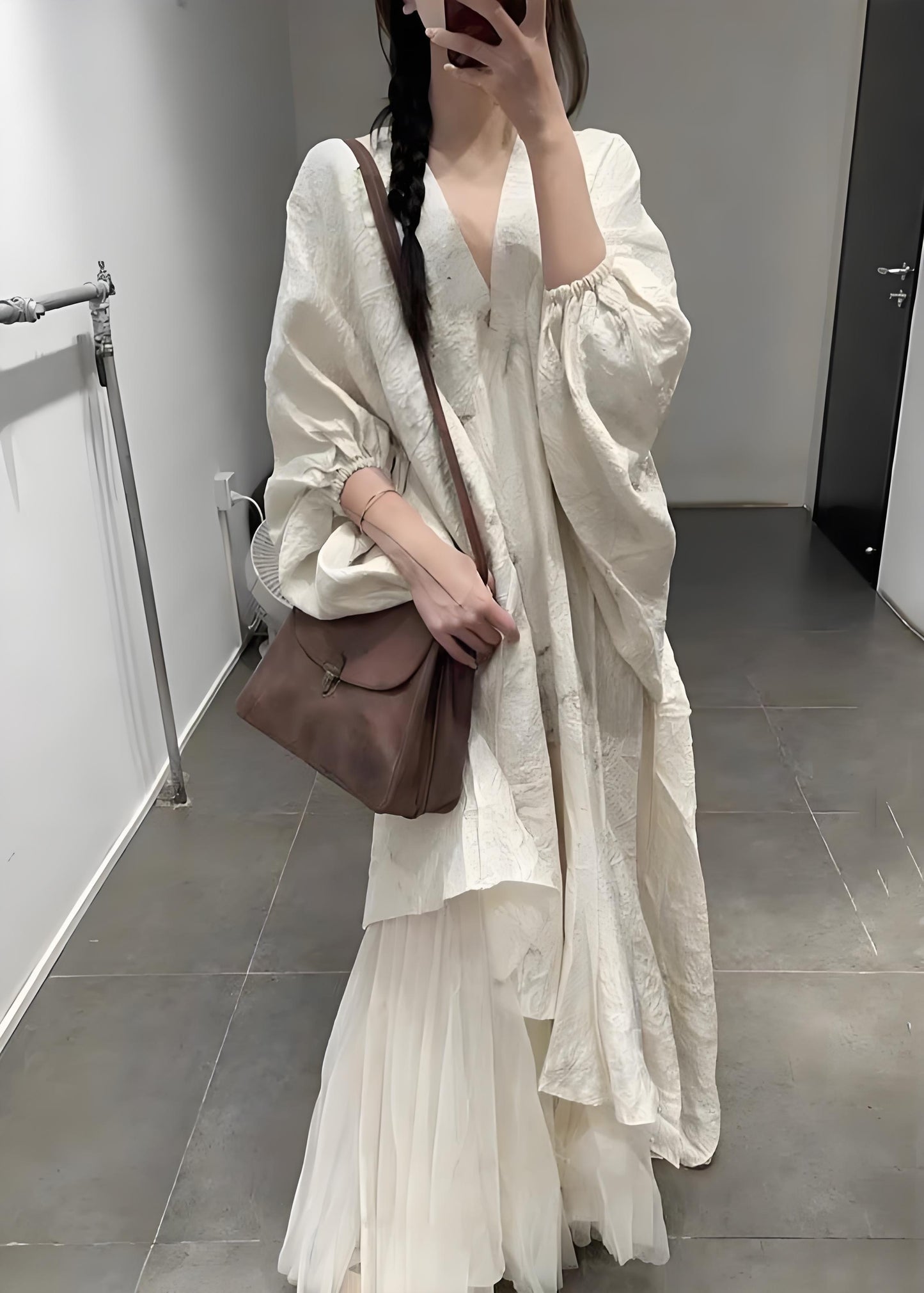 Women's Italian Beige Asymmetric Tulle Patchwork Lantern Sleeve Long Dress Spring