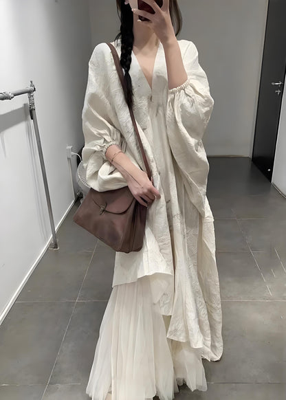 Women's Italian Beige Asymmetric Tulle Patchwork Lantern Sleeve Long Dress Spring