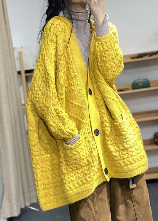 Modern Yellow Oversized Pocket Rabbit Hair Knit Cardigan Winter