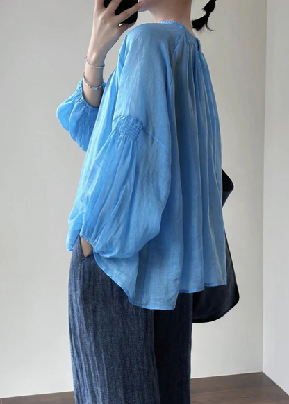 Ladies Bohemian Blue Round Collar Cotton Shirt Lantern Sleeve Spring Summer