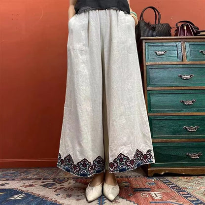 Geometric Embroidered Cotton Linen Wide Leg Pants