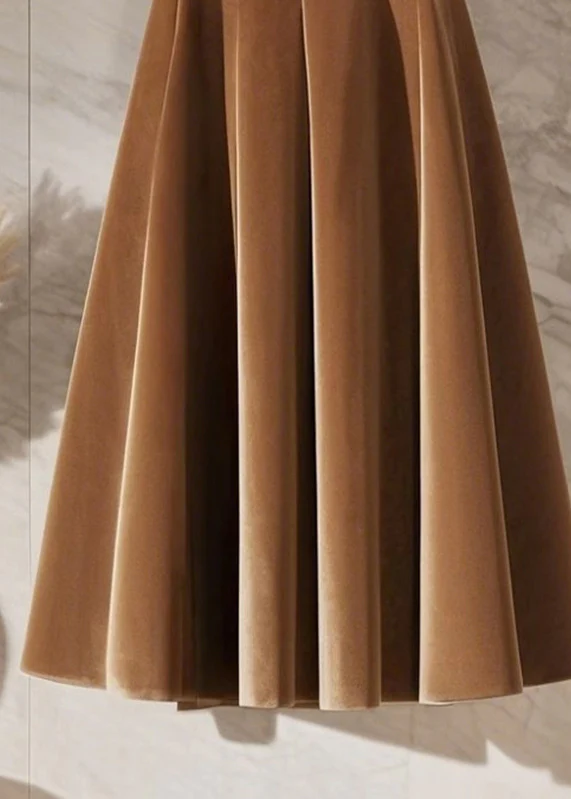 Women's French Coffee High Waist Trimmed Velvet Long Skirt