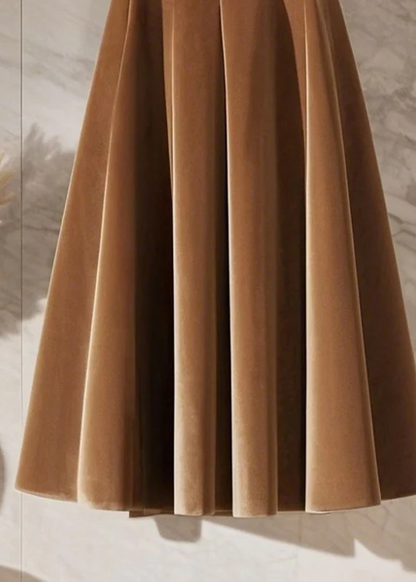 Women's French Coffee High Waist Trimmed Velvet Long Skirt