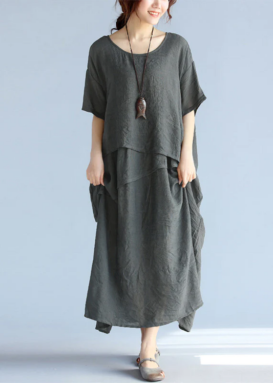 Loose Asymmetric Design Round neck Linen Dress