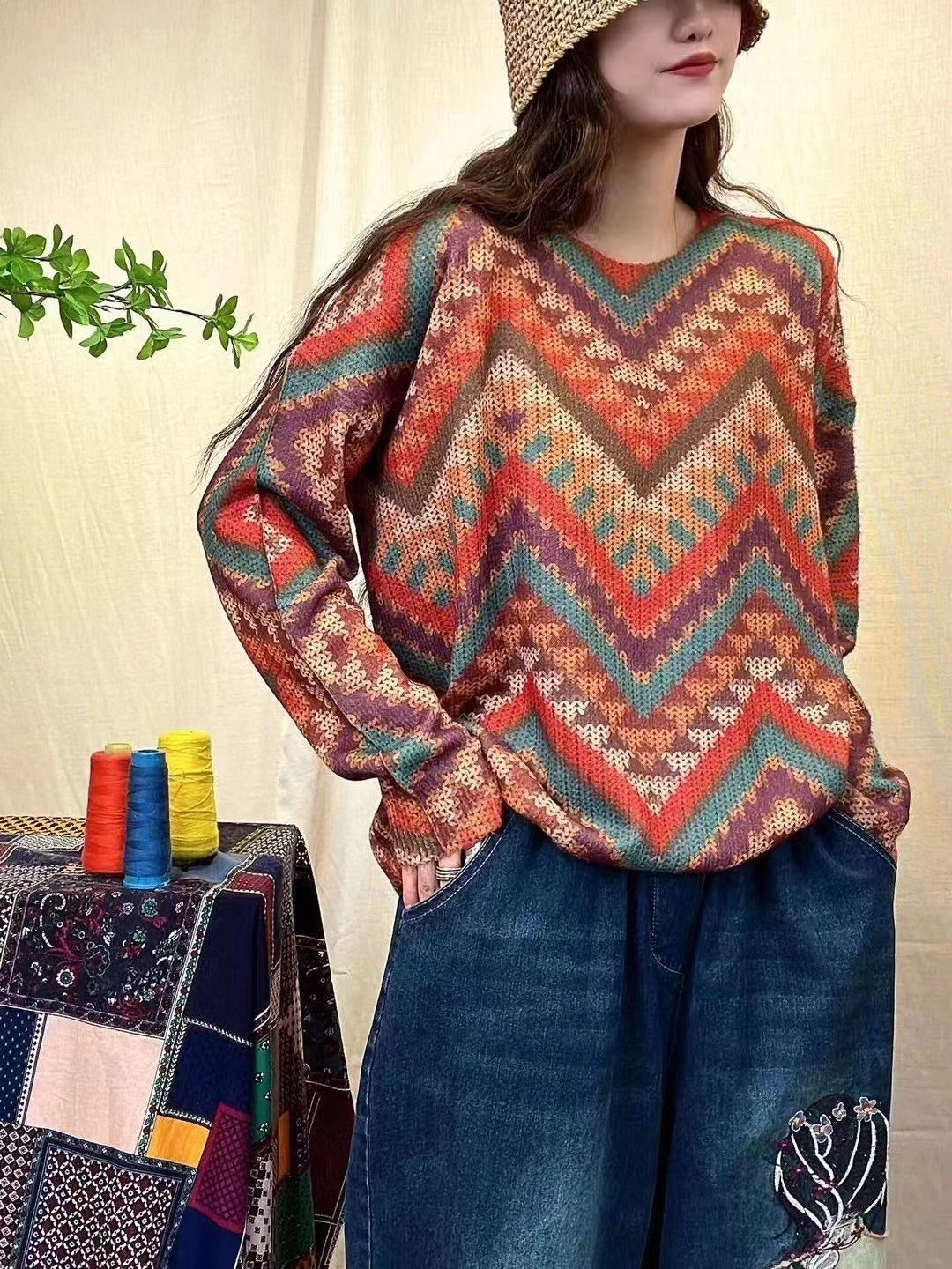 Loose Pullover Geometric Print Sweater
