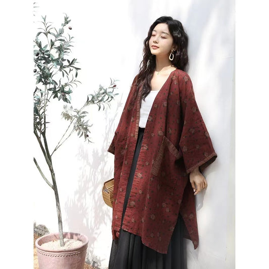 Bohemian Cotton Linen Print Large Pockets Mid-Length