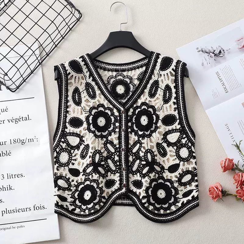 Vintage Embroidered Floral Knitted Vest Short Jacket