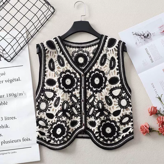 Vintage Embroidered Floral Knitted Vest Short Jacket