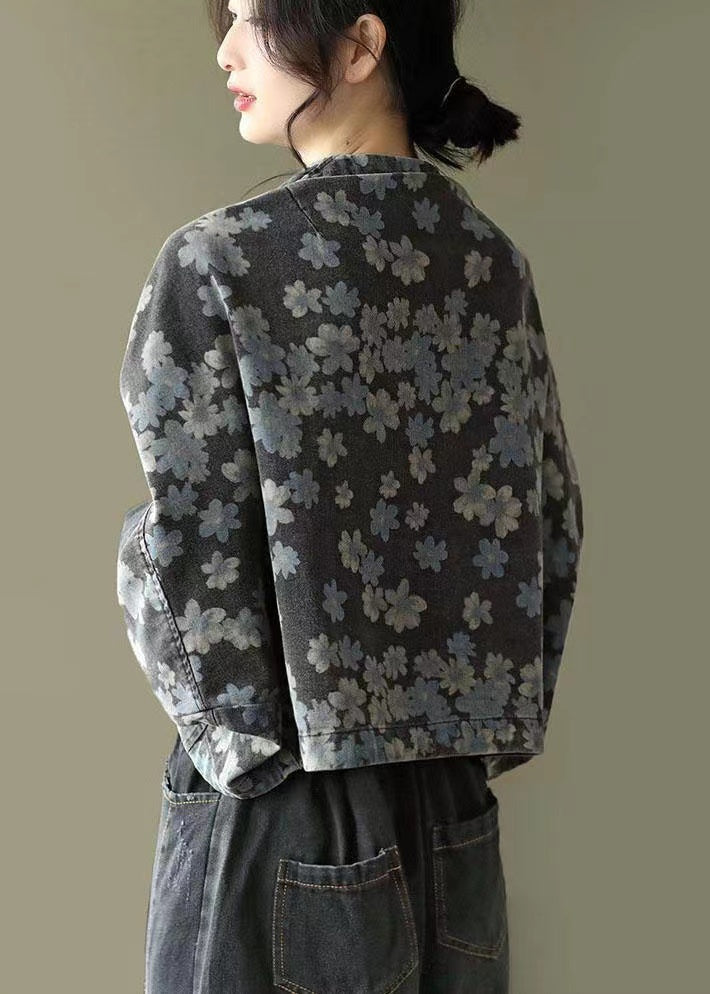 Blue Printed Lace-Up Denim Jacket