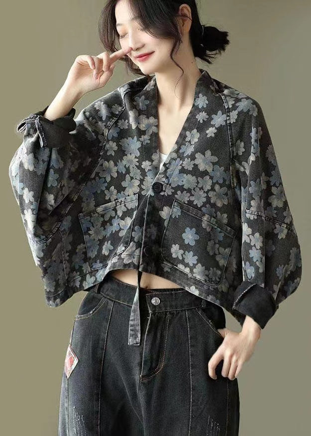 Blue Printed Lace-Up Denim Jacket