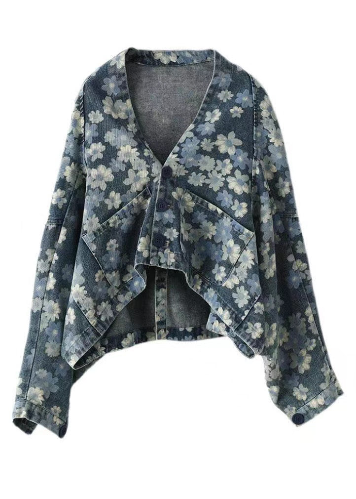 Blue Printed Lace-Up Denim Jacket