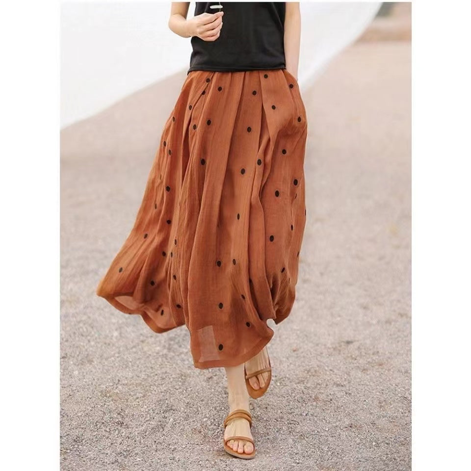 Retro Dot Print Pockets Linen Skirt Summer