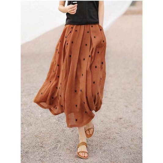 Retro Dot Print Pockets Linen Skirt Summer