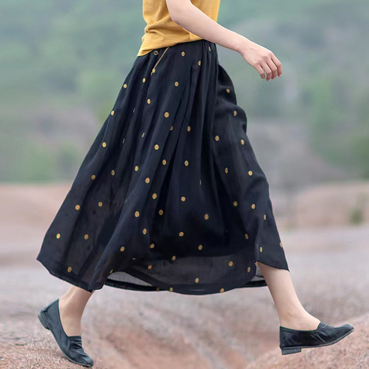 Retro Dot Print Pockets Linen Skirt Summer
