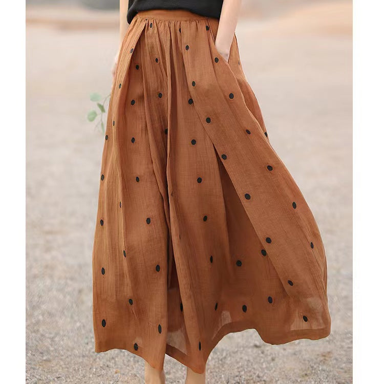 Retro Dot Print Pockets Linen Skirt Summer