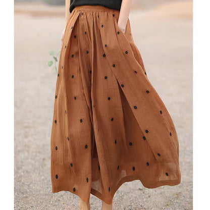 Retro Dot Print Pockets Linen Skirt Summer