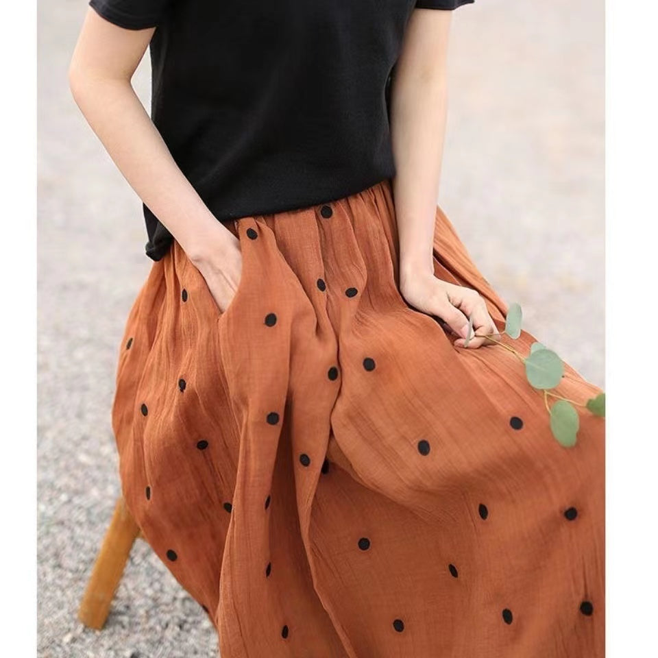 Retro Dot Print Pockets Linen Skirt Summer
