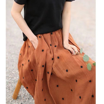Retro Dot Print Pockets Linen Skirt Summer