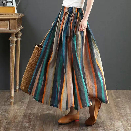 Versatile loose retro printed linen bustier skirt