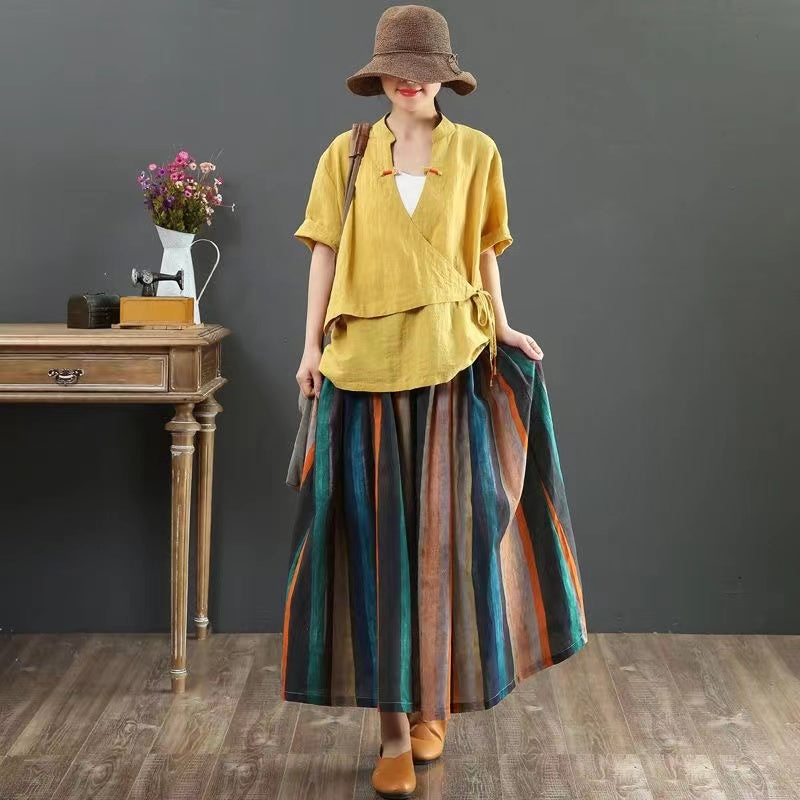 Versatile loose retro printed linen bustier skirt