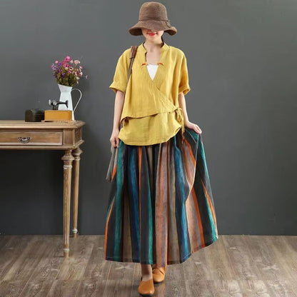 Versatile loose retro printed linen bustier skirt