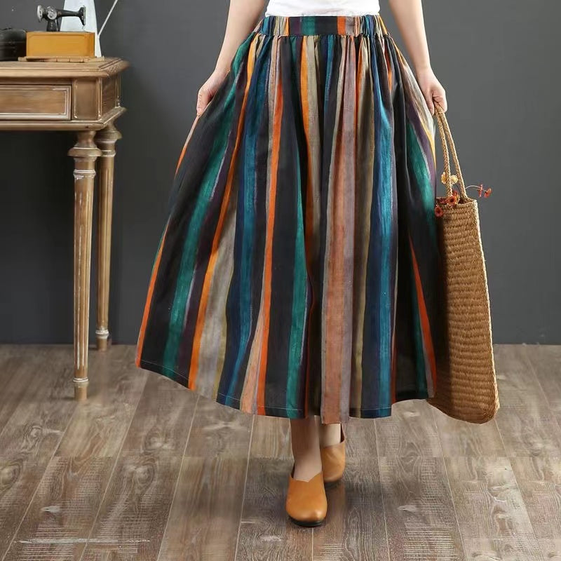 Versatile loose retro printed linen bustier skirt