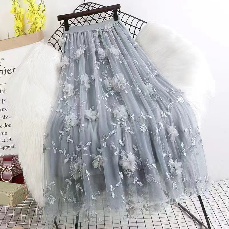 Embroidered three-dimensional floral mesh dress