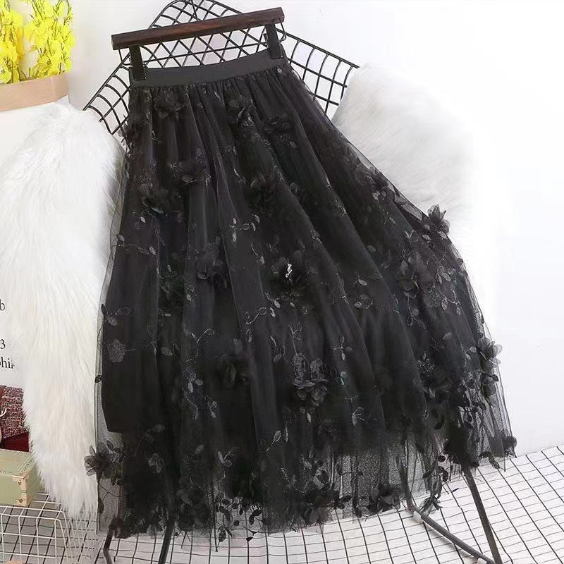 Embroidered three-dimensional floral mesh dress
