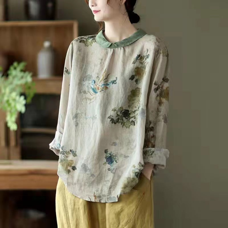 Vintage Printed Thin Shirt Lapel Pullover