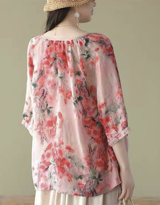 V-Neck Printed Loose Half Sleeve Shirt