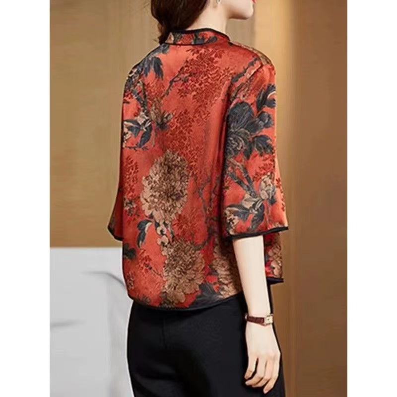 Vintage Printed Silk Blouse Top Half Sleeve