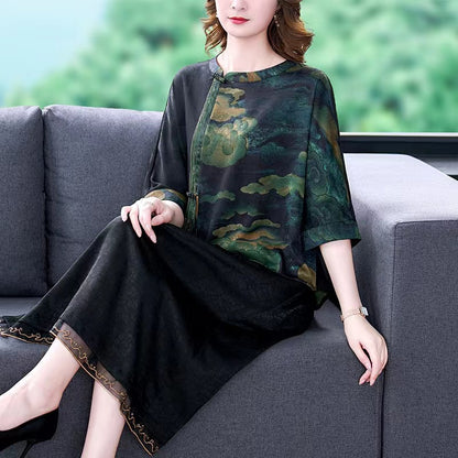 Crew Neck Printed Patchwork Seven-Quarter Sleeve Silk Blouse