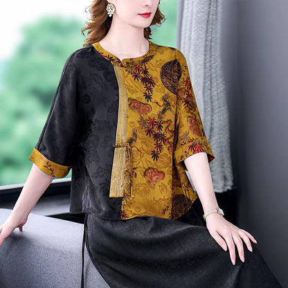 Crew Neck Printed Patchwork Seven-Quarter Sleeve Silk Blouse