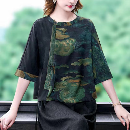 Crew Neck Printed Patchwork Seven-Quarter Sleeve Silk Blouse