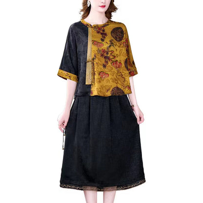 Crew Neck Printed Patchwork Seven-Quarter Sleeve Silk Blouse