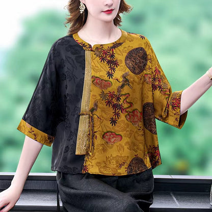 Crew Neck Printed Patchwork Seven-Quarter Sleeve Silk Blouse