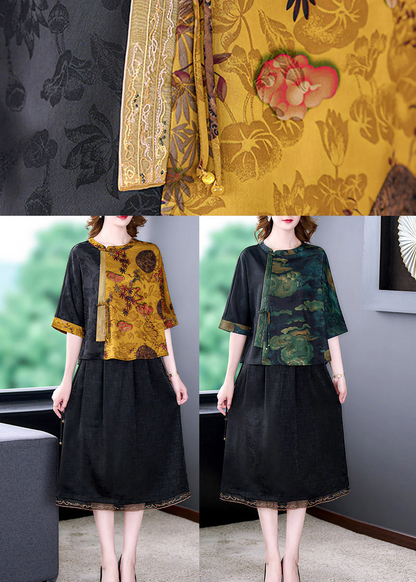 Crew Neck Printed Patchwork Seven-Quarter Sleeve Silk Blouse