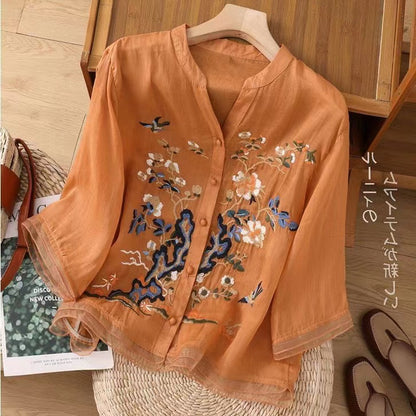 Chic Embroidered Buttoned Linen Top