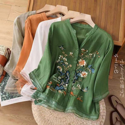 Chic Embroidered Buttoned Linen Top