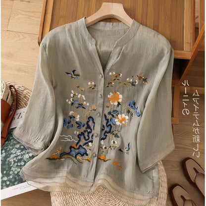 Chic Embroidered Buttoned Linen Top