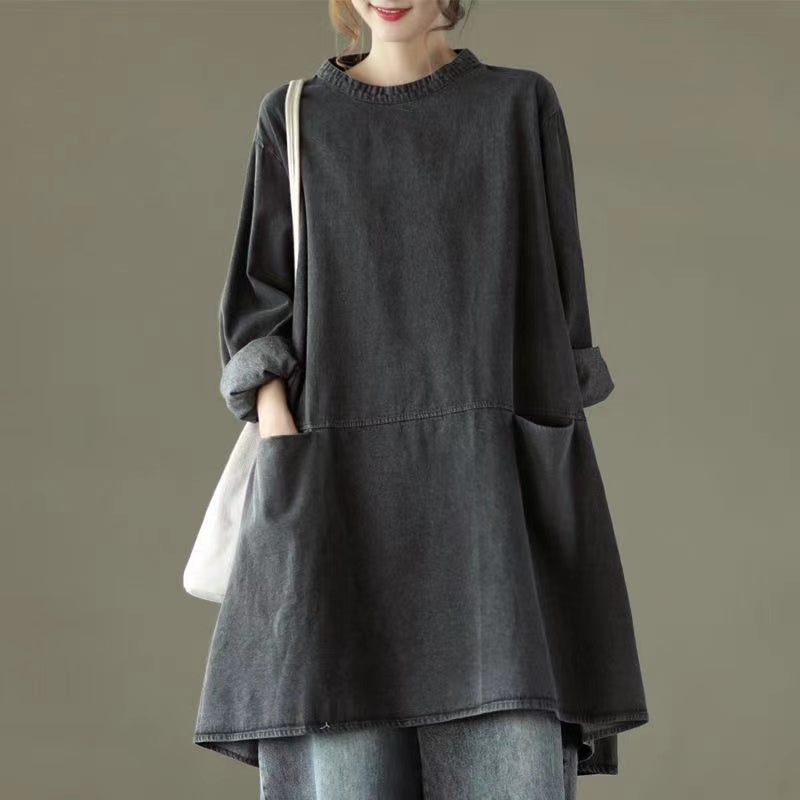 Black Gray Round Neck Pocket Denim Maxi Dress Long Sleeve