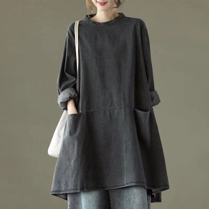 Black Gray Round Neck Pocket Denim Maxi Dress Long Sleeve