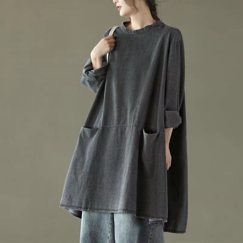 Black Gray Round Neck Pocket Denim Maxi Dress Long Sleeve
